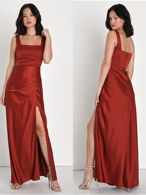 LULU'S Red Carpet Romance Rust Orange Satin Square Neck Maxi
Dress